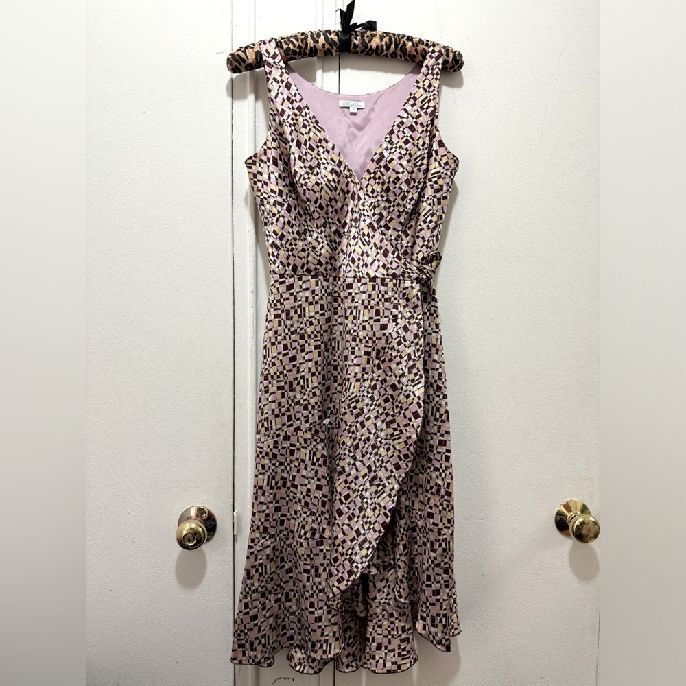 Shoshanna Dress Size 4 Purple Brown Printed Wrap Sheath Sleeveless Silk